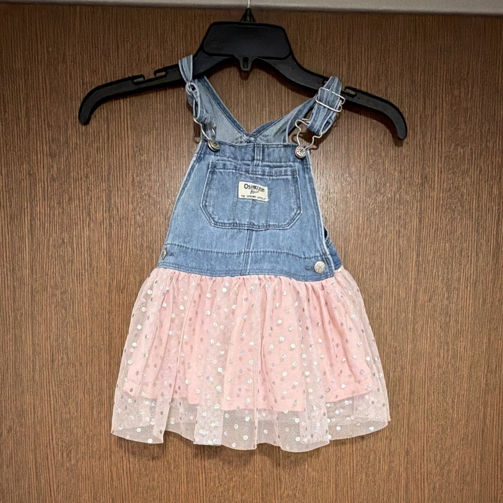 OshKosh B'gosh Girls 24M Denim Overall Dress Blue/Pink Polka Dot Glitter